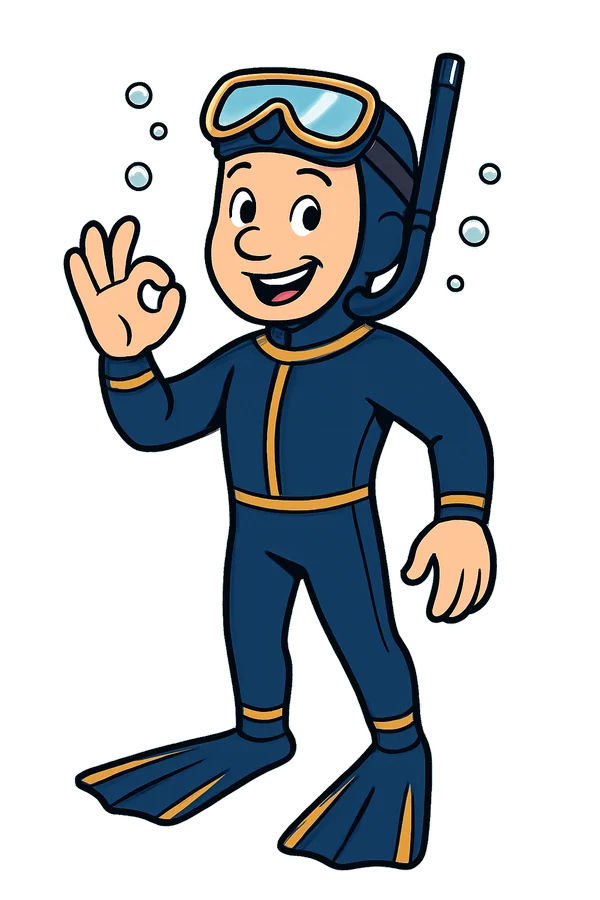 Plongeur cartoon en combinaison bleu marine, masque relevé sur le front, faisant signe OK